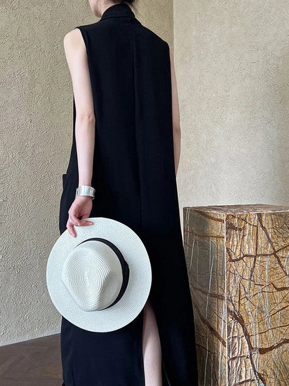 Pockets with Draped Sleeveless Dress Elegant Midi