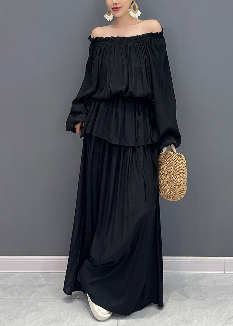 French Black Slash Neck Ruffled Two Pieces Set Lantern Sleeve AO1005