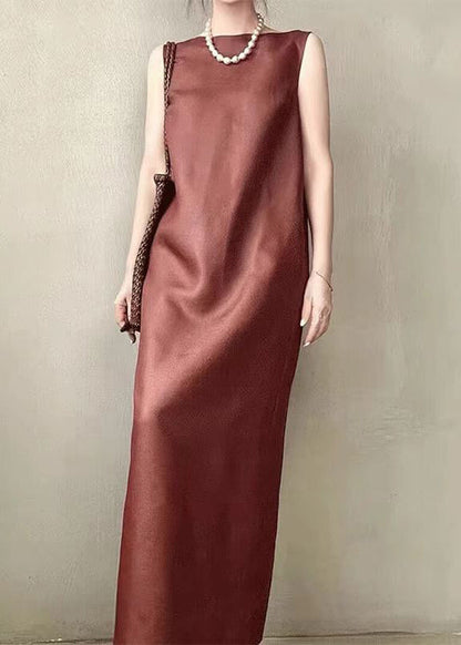 Open Side Sleeveless Long Back Elegant Red Dress Pockets Silk