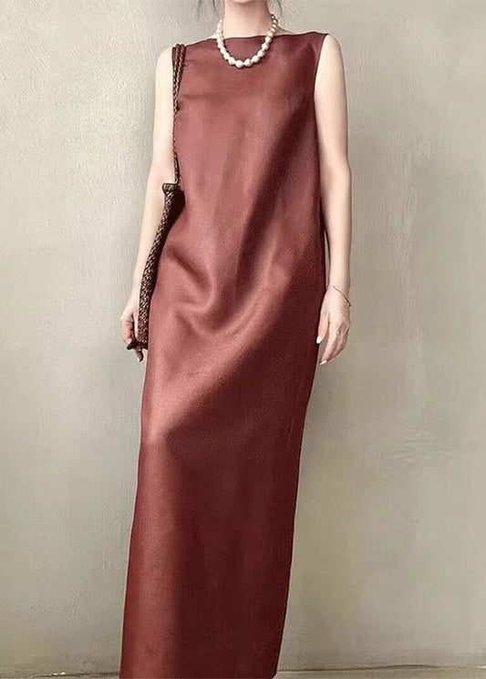 Open Side Sleeveless Long Back Elegant Red Dress Pockets Silk