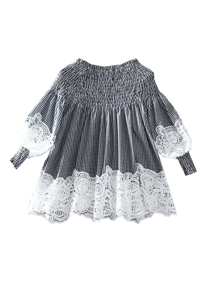 French White O-Neck Wrinkled Patchwork Hollow Out Shirt Long Sleeve NN036