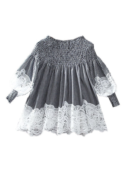 French White O-Neck Wrinkled Patchwork Hollow Out Shirt Long Sleeve NN036