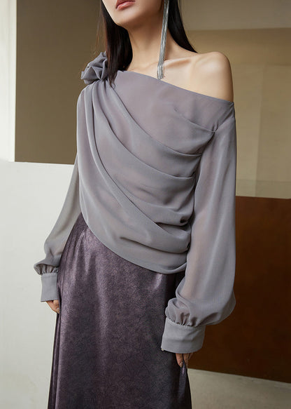 Grey Solid Chiffon Long Fashion Sleeve Asymmetrical Shirt