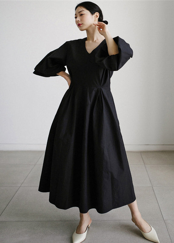 Lantern Cotton Vacation Dress Wrinkled Sleeve Black Pockets