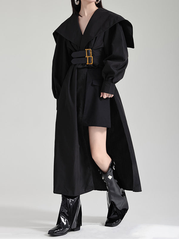 Pleated Black Asymmetric Lapel Waisted Long High Modern Belted