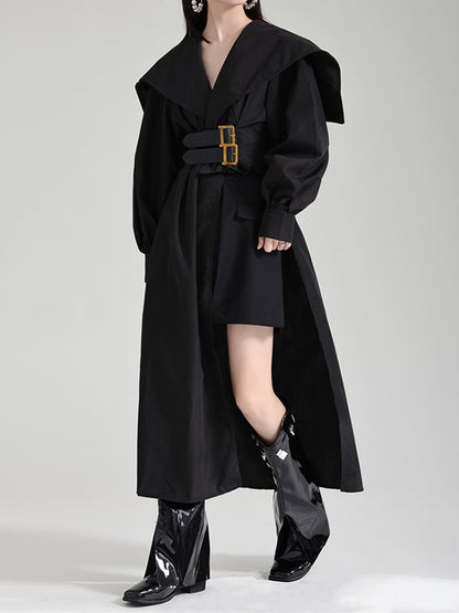 Pleated Black Asymmetric Lapel Waisted Long High Modern Belted