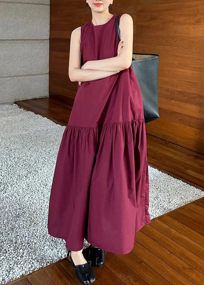 Wine Dresses Cotton Solid Pockets Long Red Wrinkled Simple