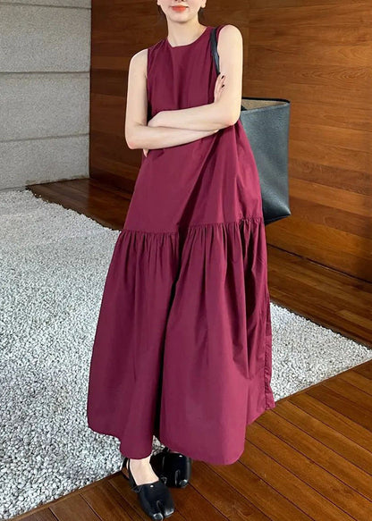 Wine Dresses Cotton Solid Pockets Long Red Wrinkled Simple