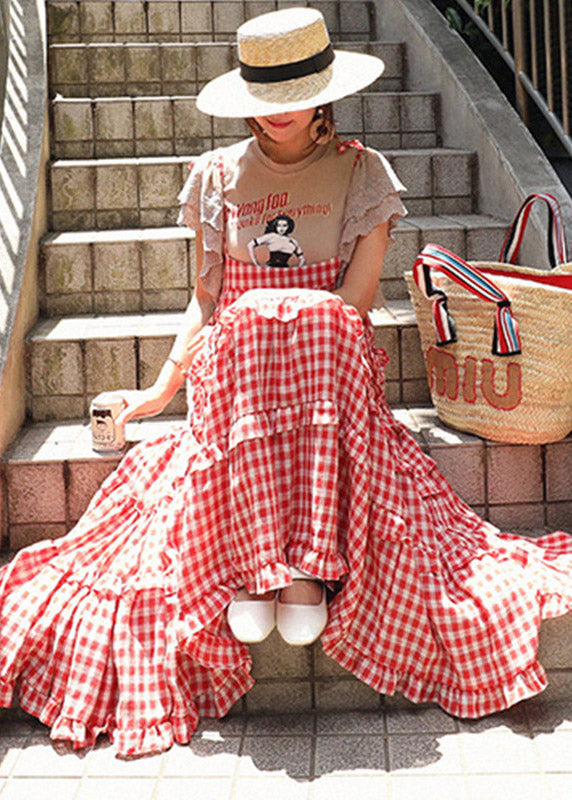 neck Plaid Sleeveless Button Stylish Dresses Layered Red Slash