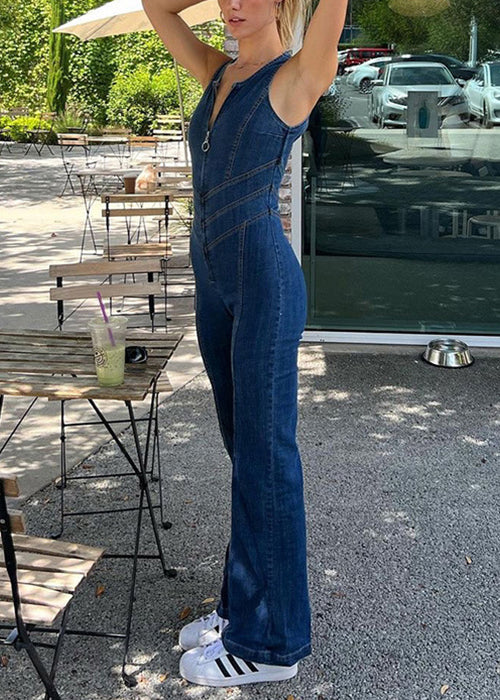 Backless Zip Jumpsuit Blue New Up Sleeveless Denim