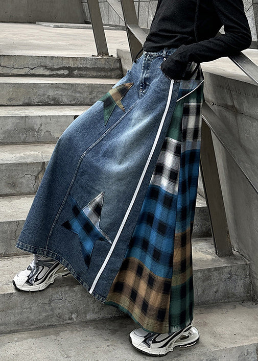 High Loose Waist Plaid Patchwork Spring Blue Skirt Denim