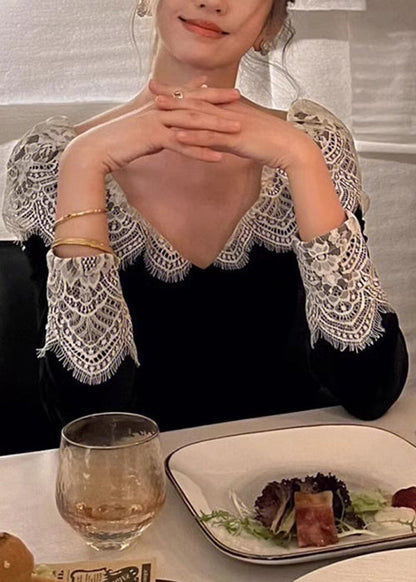 Black Patchwork V Spring Dresses Neck Silk Velvet Lace French