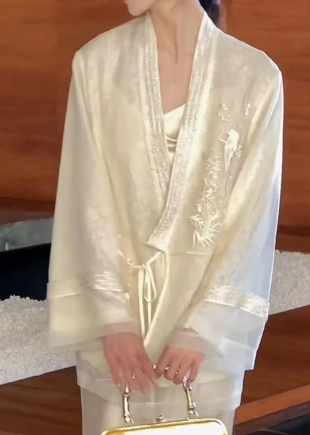 Cardigan Neck V Embroidered Up Lace Vintage Silk Beige Spring