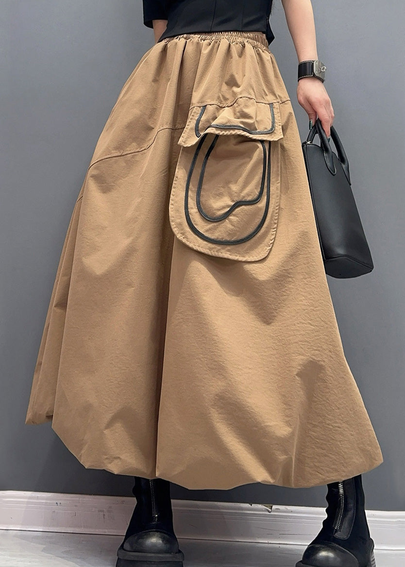Casual Khaki Pockets Elastic Waist Cotton Skirts Summer AO1014