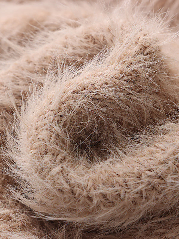 Simple Loose Coffee Round-Neck Long Sleeve Mohair Knit Top AN1062