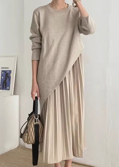 Asymmetrical Dress Wrinkled Two Knit Khaki Beautiful Set Piece