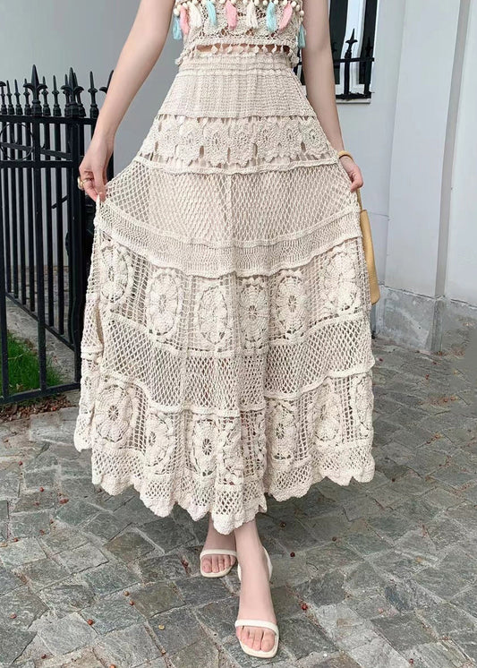 Hollow Loose Skirts Waist Out Apricot Summer Elastic