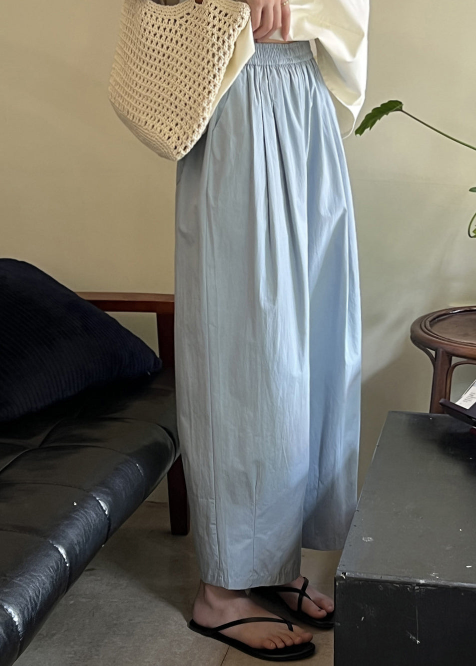 Blue Summer Solid Pants Loose Cotton Elastic Crop Waist