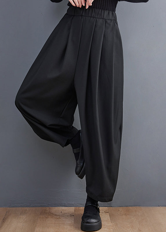 Pockets Crop Waist Elastic Cotton Spring Casual Grey Pants