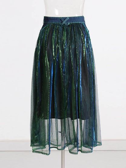 Denim Shiny Waisted Skirt A-Line Green Belted Chic High Tulle