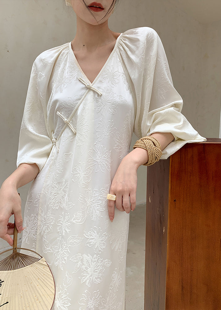 New Long Jacquard Beige Spring Neck Silk Oriental Dress Button V