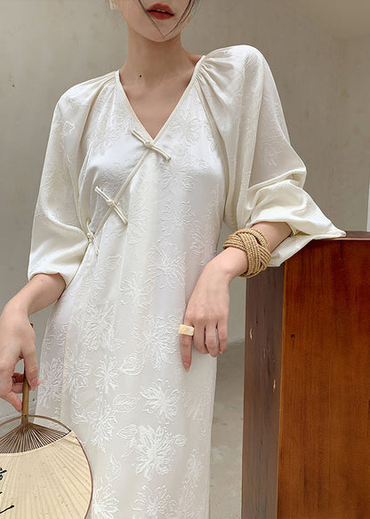 New Long Jacquard Beige Spring Neck Silk Oriental Dress Button V