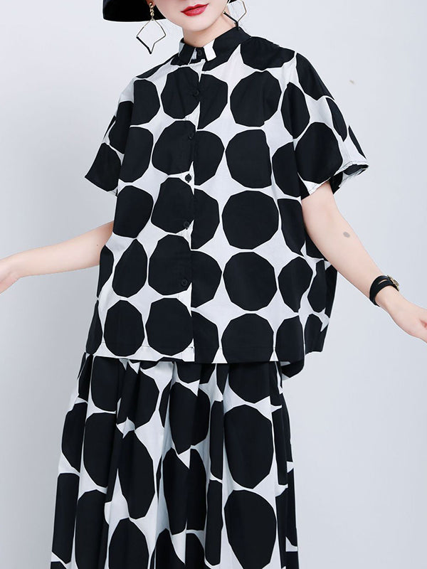 Pockets Neck Mock Black Polka-Dot Stylish High Buttoned Shirt
