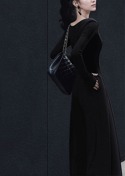 V Spring New Long Fit Black Dress Slim Simple Neck Cotton