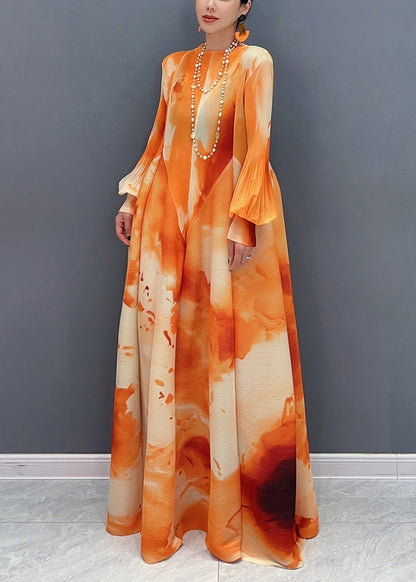 Chic Chiffon Stand Spring Long Orange Dress Wrinkled Collar