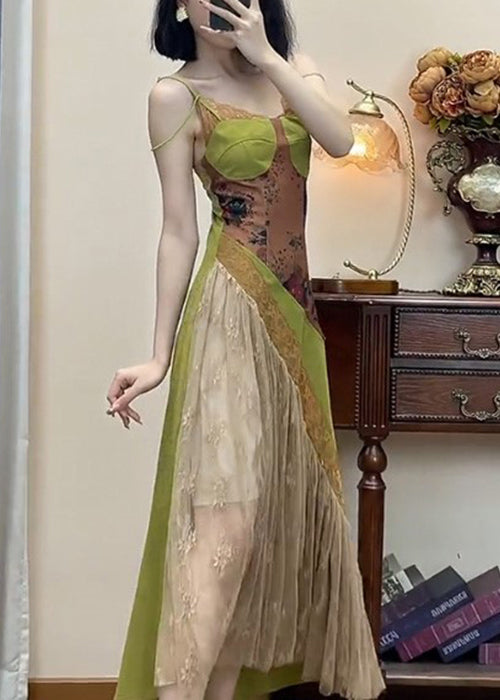 Spaghetti Lace New Green Dress Patchwork Strap Sleeveless