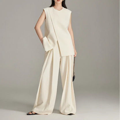 Modern Sleeveless Slit Tunic Top Hem O-neck Cream