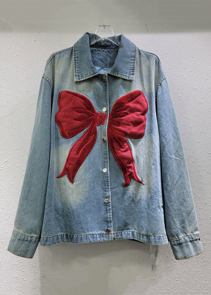 Denim Peter Pan Spring Coat New Button Collar Bow Blue