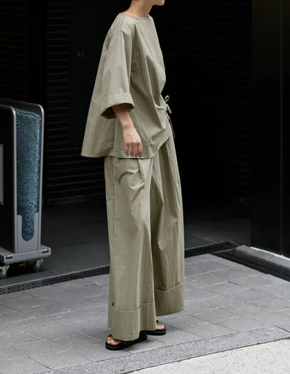 Casual Cotton Top Drawstring Sleeve Khaki Half Asymmetrical