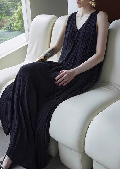 Wrinkled Summer Neck Chiffon Dresses V Long Pockets Black