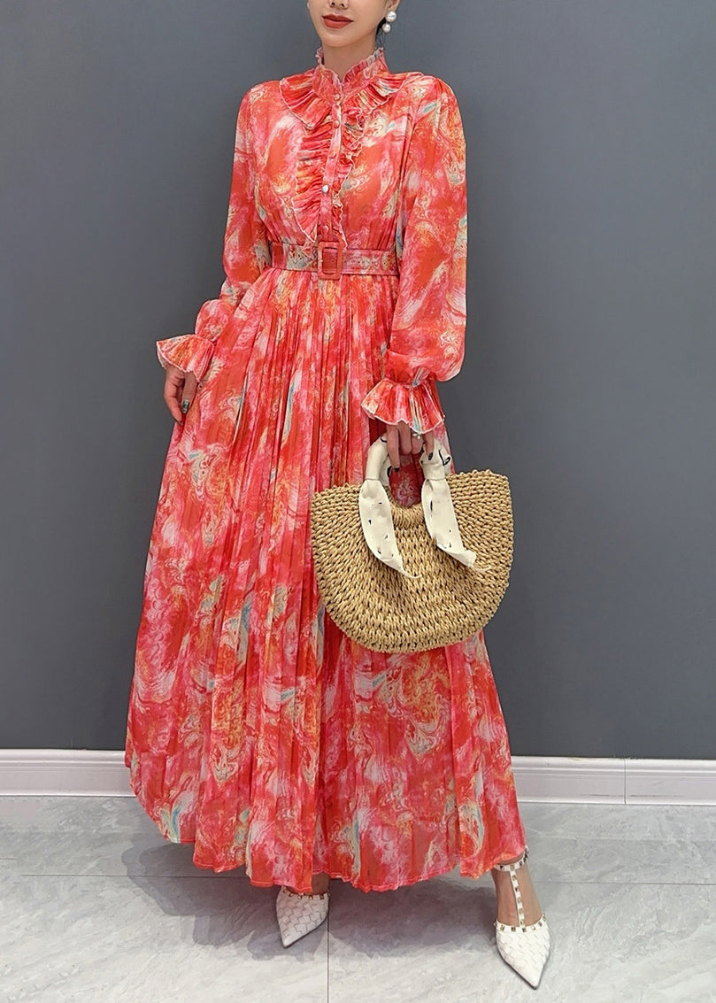 Collar Print Fashion Long Stand Chiffon Sashes Dress Red
