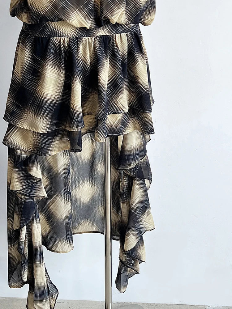 Asymmetric Khaki Plaid Neck Sleeveless Top High-Low Uniaue Halter