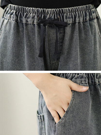 Embroidery Women Retro Autumn Denim Wide-leg Pants