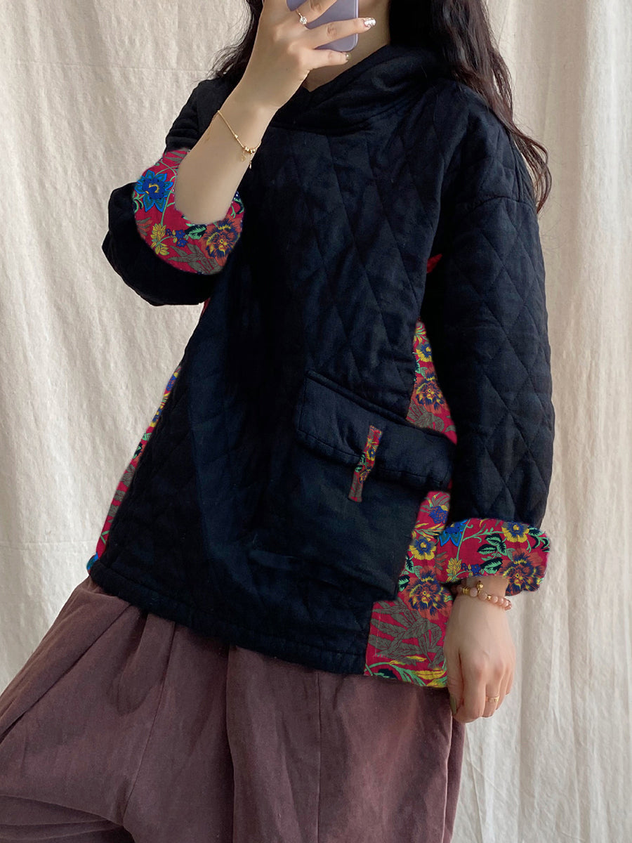 Plus Size Women Winter Patch Spliced Pocket Thicken Hooded ZZ1048