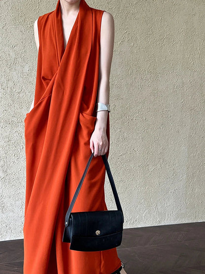 Pockets with Draped Sleeveless Dress Elegant Midi