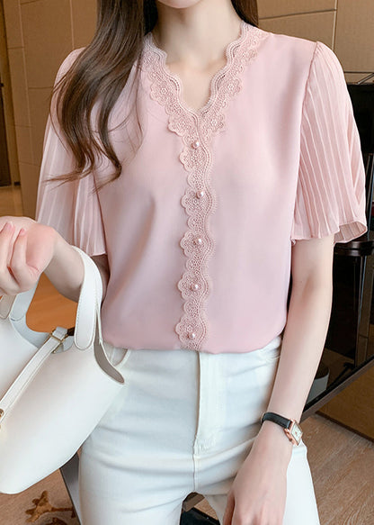 Italian Shirt Summer Bead Pink Lace Chiffon Nail Patchwork Top