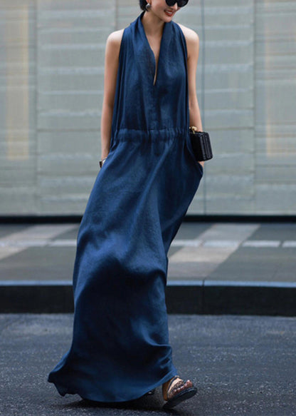New Robe Dresses Pockets Solid Blue Linen Light Waist Tie