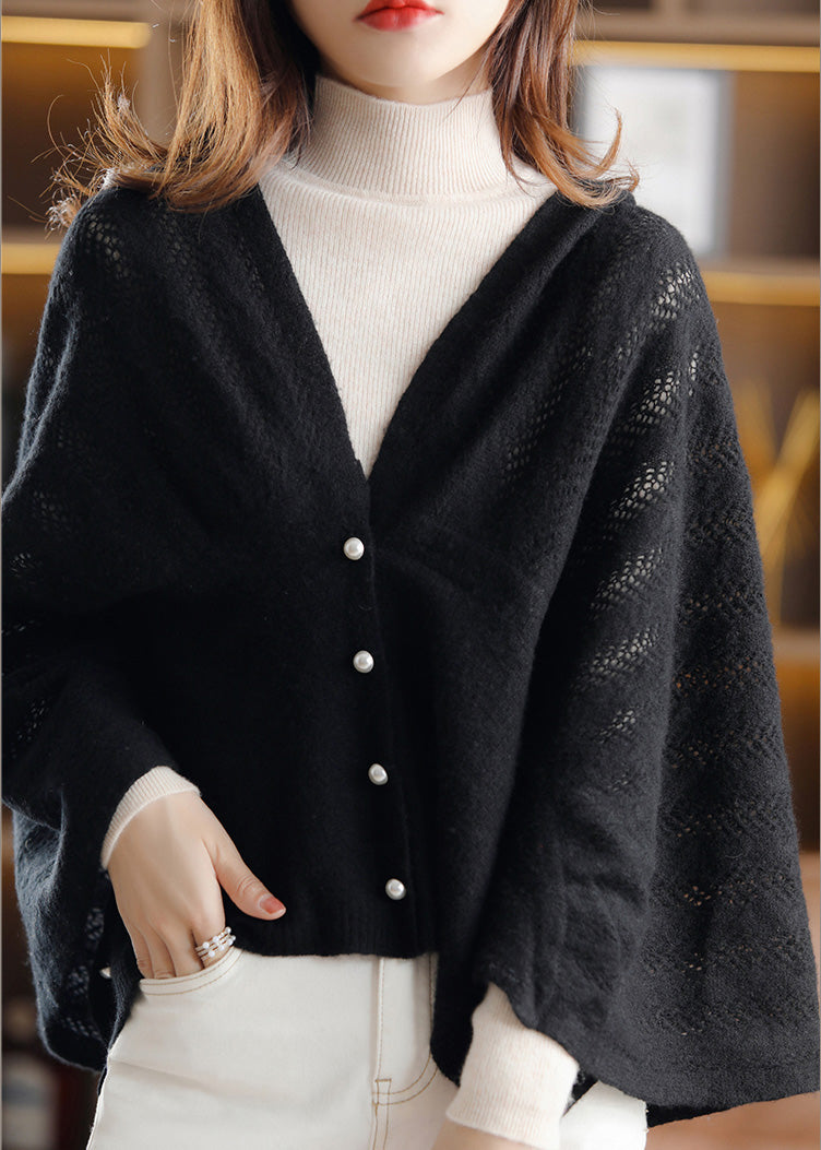 Simple Camel V Neck Button Hollow Out Knit Cape Fall WV025