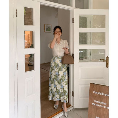 Straight Floral Green Elegant Skirt Embroidery