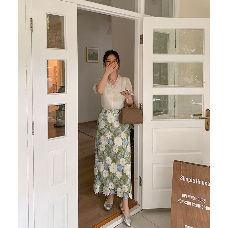 Floral Green Straight Elegant Embroidery Skirt