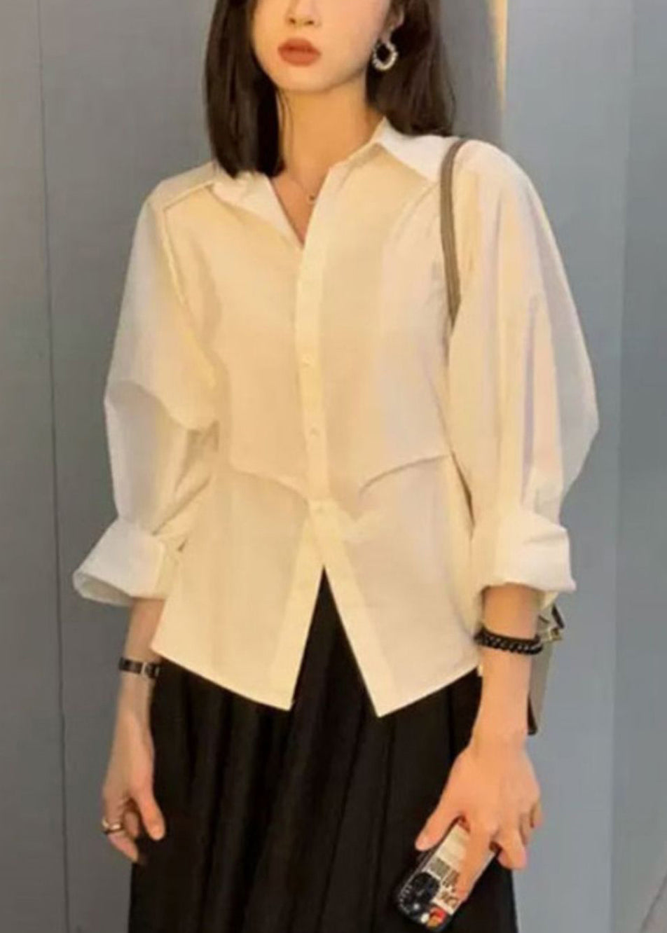 White Loose Pan Peter Button Collar Cotton Blouse Patchwork