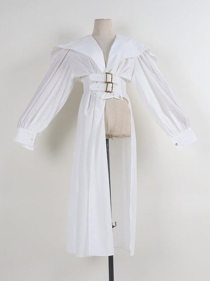 Pleated Black Asymmetric Lapel Waisted Long High Modern Belted