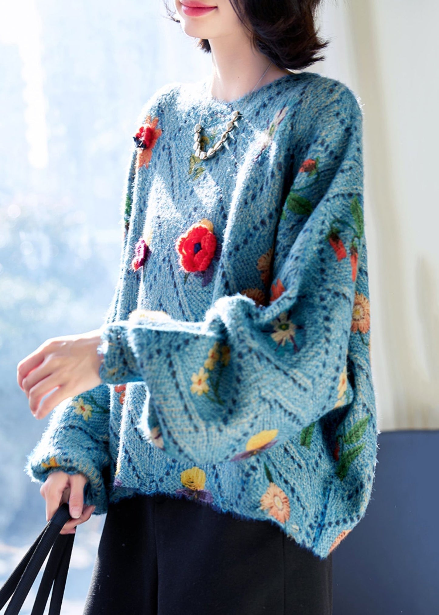Floral Blue O-Neck Hollow Out Knit Sweaters Fall QC032