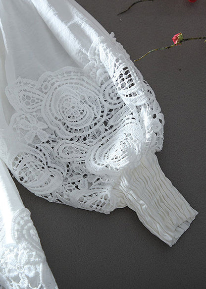 French White O-Neck Wrinkled Patchwork Hollow Out Shirt Long Sleeve NN036