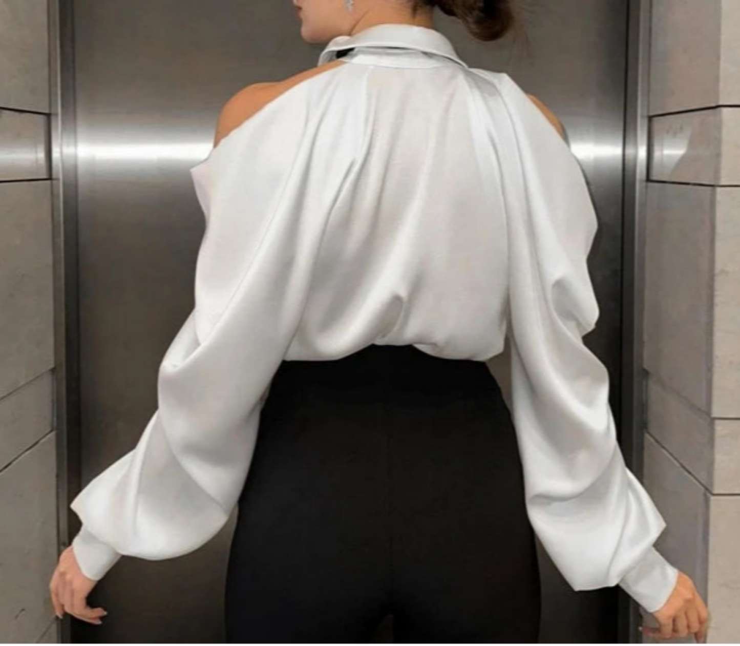 Satin Off Tie Top Sleeve Party Long Shoulder Lapel White with