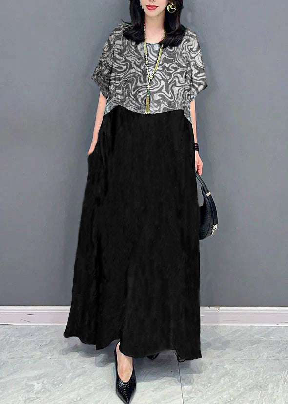 Bohemian black cashew nuts O Neck Pockets Print Patchwork Silk Long Dresses Summer TT1010